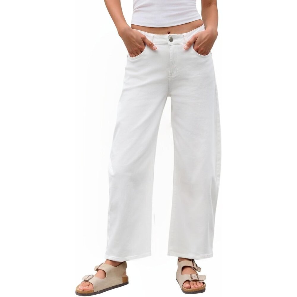 Women’s Stretch Mid-Rise Barrel Jeans Cropped Wide Leg Pockets Casual